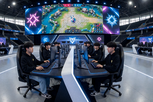 电子竞技赛事现场大屏幕与选手比赛区域全景
